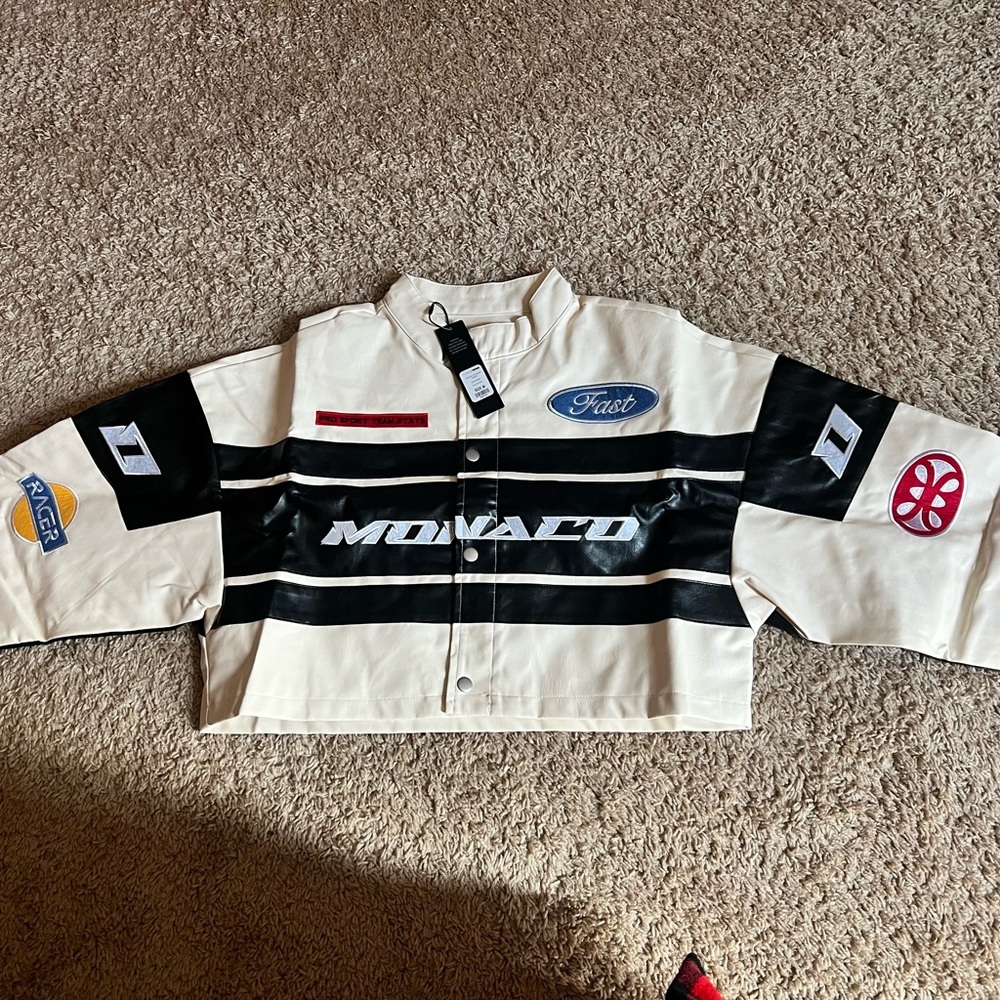Cream and Black Varsity Jacket with Bold Branding